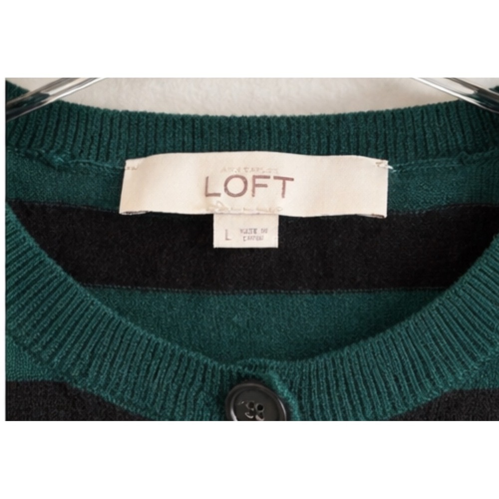 LOFT Womens Striped Crewneck Cardigan Sweater Green Black Button Front Large - Picture 4 of 5